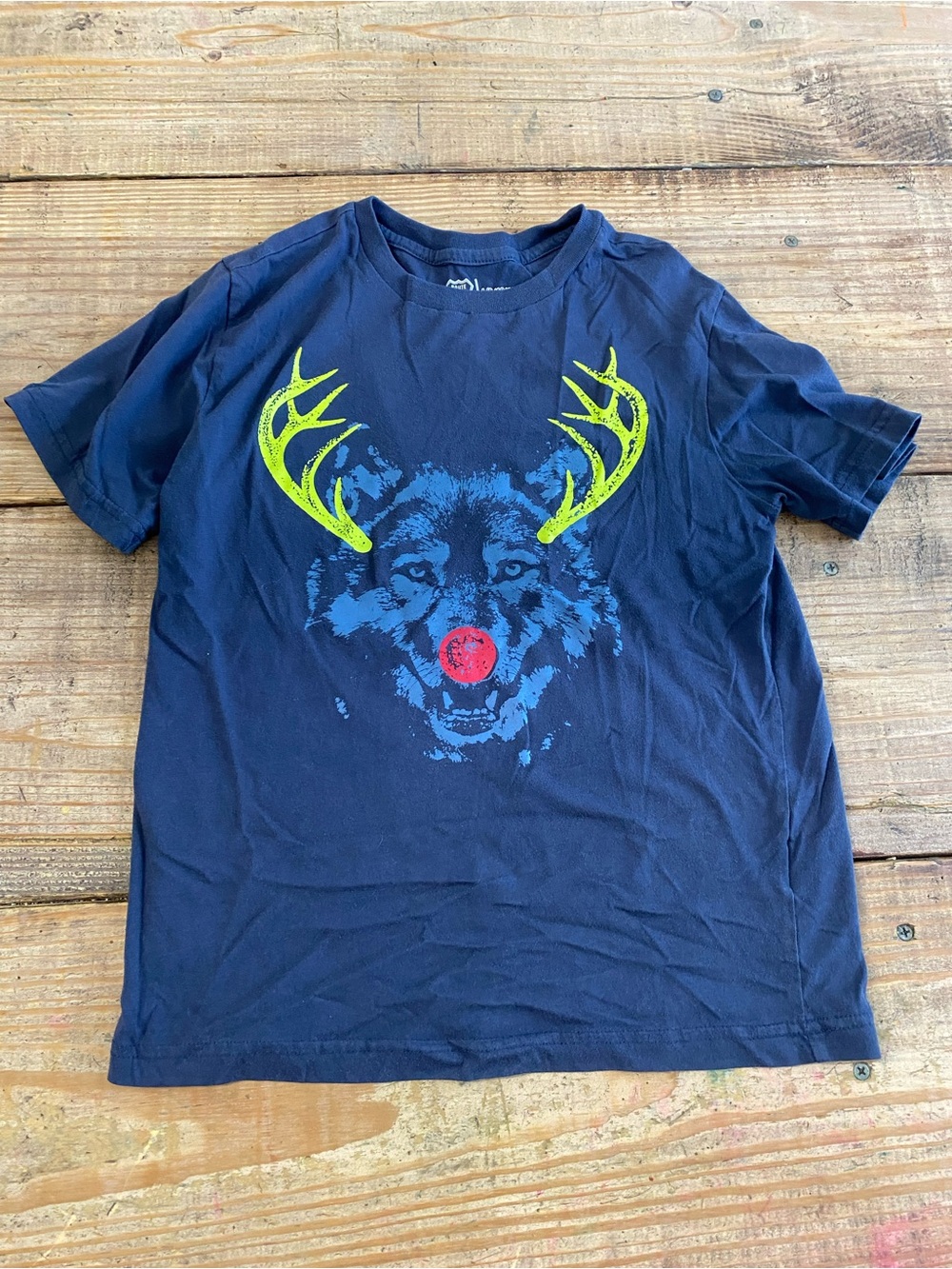 Boy 10/12 Navy Graphic Wolf Tee with Neon Antlers Rudolph Reindeer Christmas